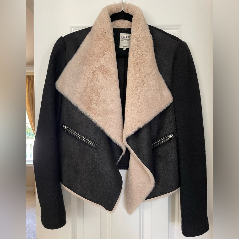 New Zara Trafaluc Wool, Shearling Collar, Faux Leather Jacket - Size Small